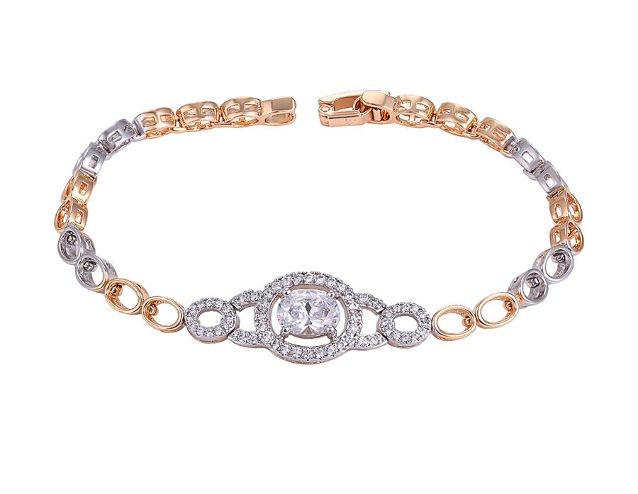 Multicolor bracelet, gold and silver plated. 17-19 cm. At the center a Big white clear zircon and 3 circles of small zircons around. .