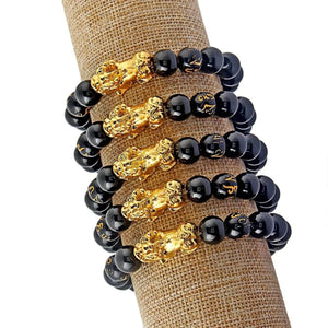 Feng Shui Bracelets, for Luck and Wealth. Black obsidian stones. Elastic. Gold charm